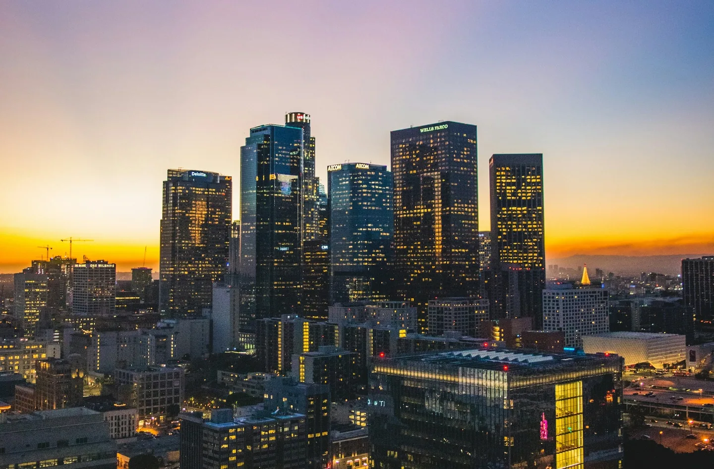 Evening view of modern city buildings